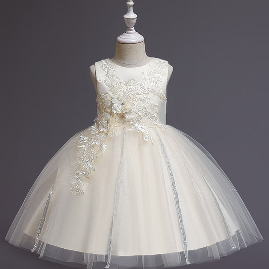 Girls Sleeveless Puffy Princess Dress Flowers Embroidery Mesh Tutu Dress