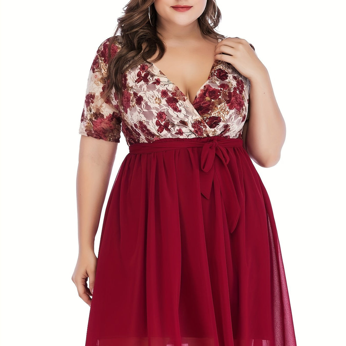 Women's Plus Floral Print Mesh Sleeve Midi Dress