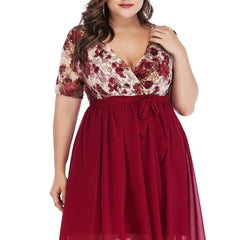 Women's Plus Floral Print Mesh Sleeve Midi Dress