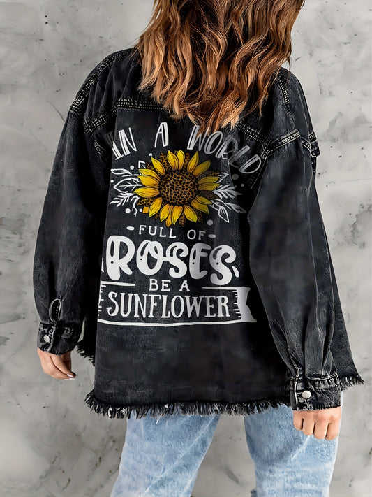 Dark Grey Sunflower Denim Jackets Long Sleeves Letter Print