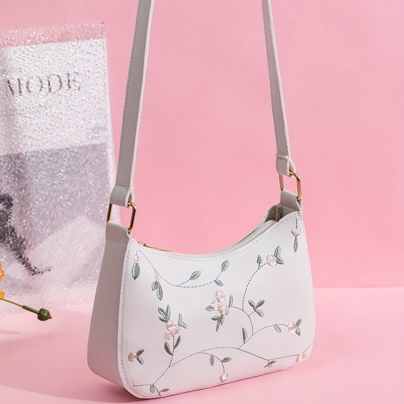 Flower Embroidered Shoulder Bag Zipper Stylish Baguette Bag
