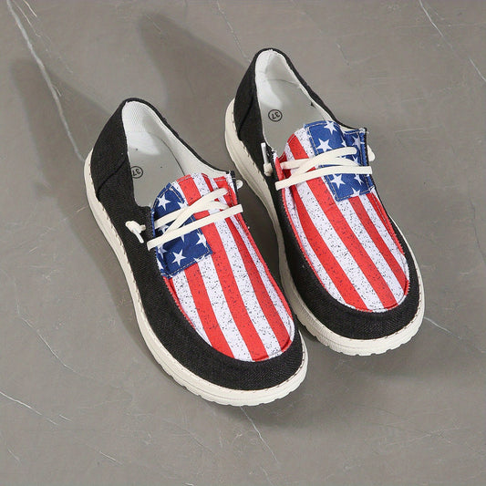 Women's Flag Pattern Patriotic Flat Shoes Lace Up Slip On Boat Shoes