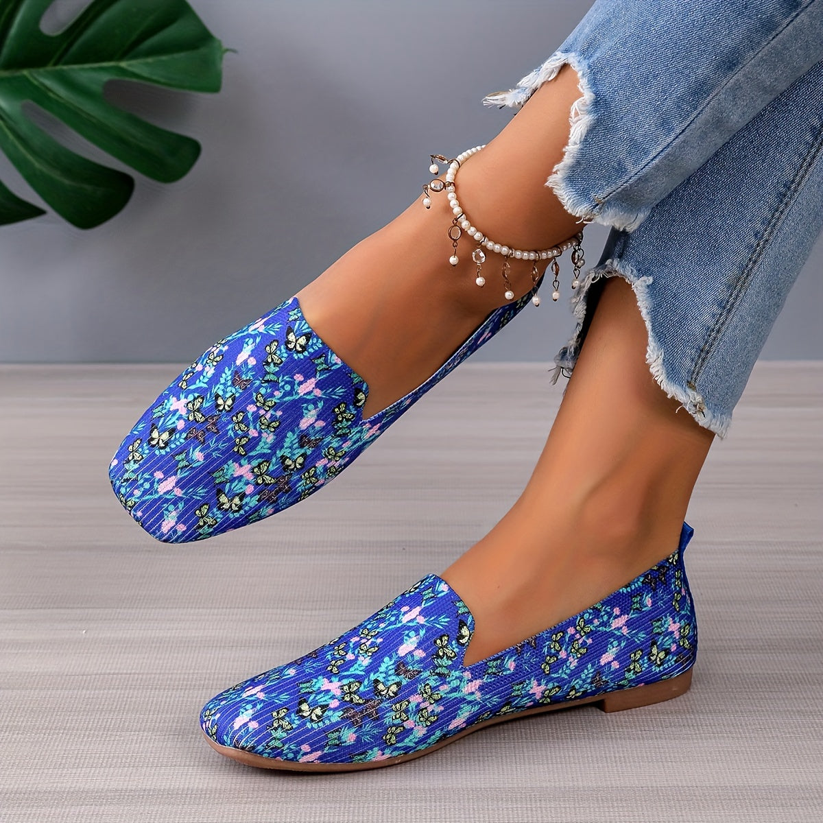 Flower & Butterfly Pattern Flat Shoes Lightweight Slip On Shoes