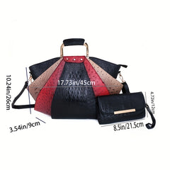 Crocodile Pattern Handbag Set Women's Stylish Shoulder Bag & Clutch Bag