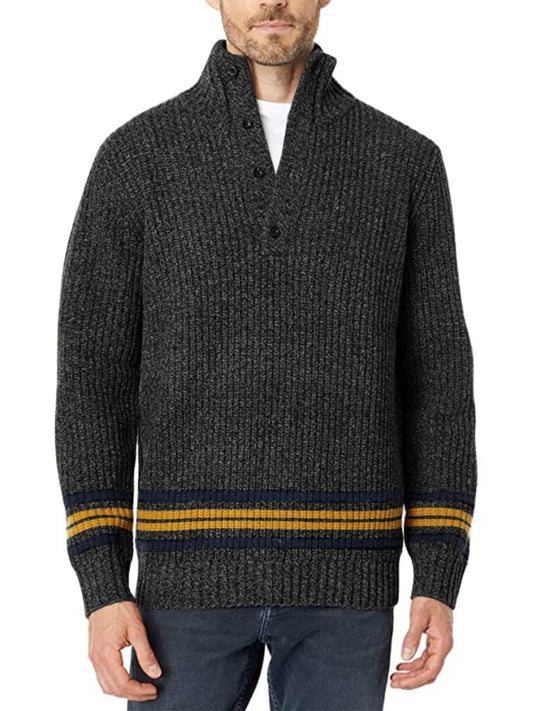 Men's Striped Stand Collar V Neck Knitted Sweater Button Up Cardigan