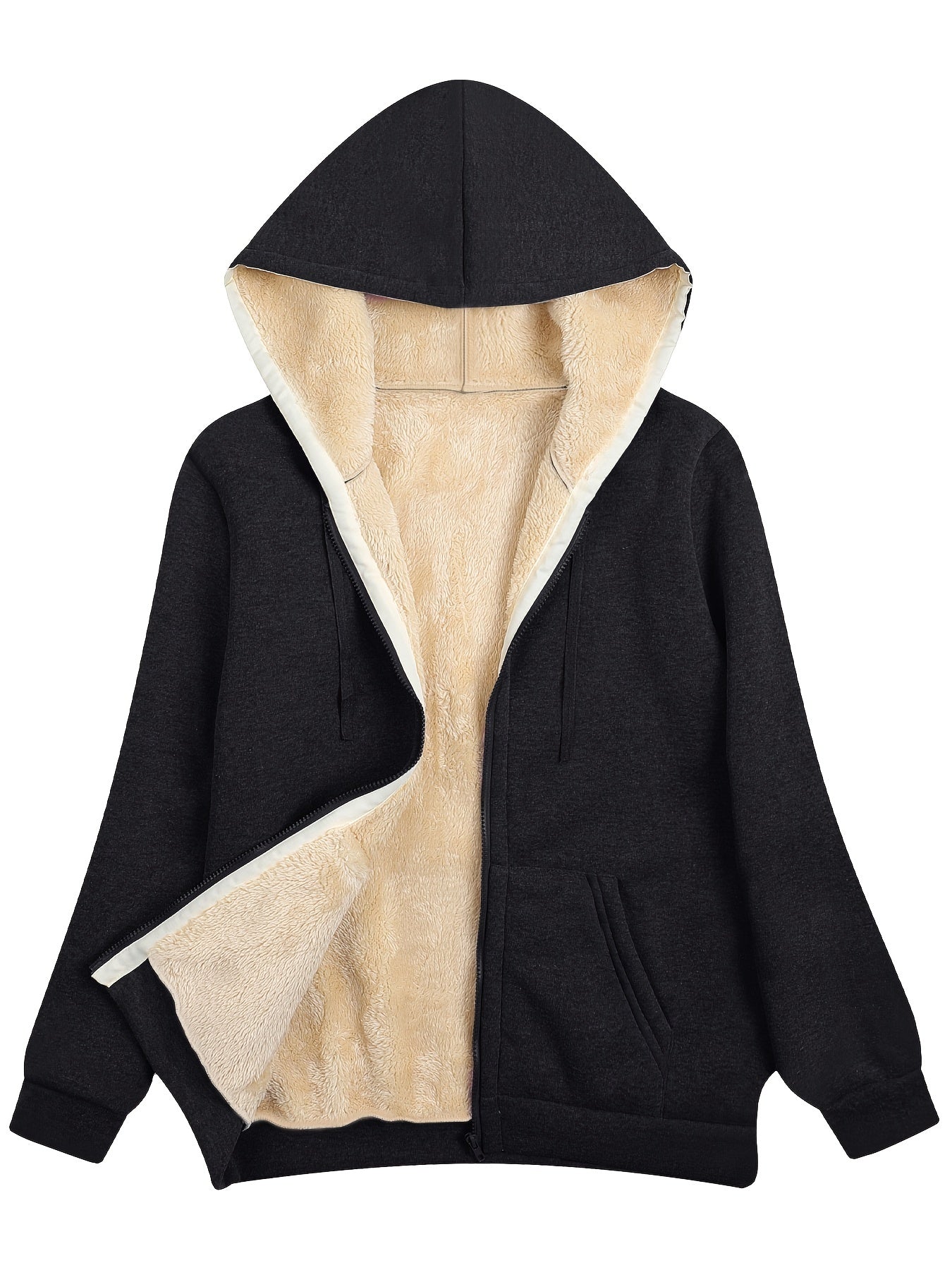 Fuzzy Hooded Jacket Casual Zip Up Drawstring Long Sleeve Solid Outerwear