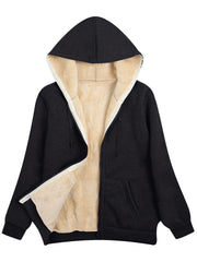 Fuzzy Hooded Jacket Casual Zip Up Drawstring Long Sleeve Solid Outerwear