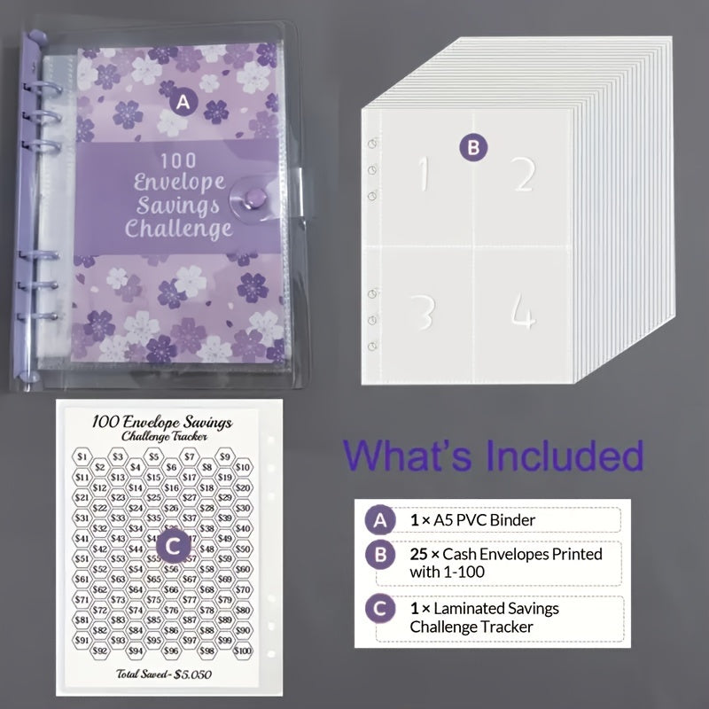 100 Envelopes Money Saving Challenge Binder with Laminated Tracker Sheet