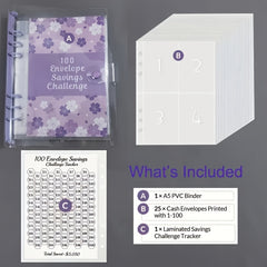 100 Envelopes Money Saving Challenge Binder with Laminated Tracker Sheet