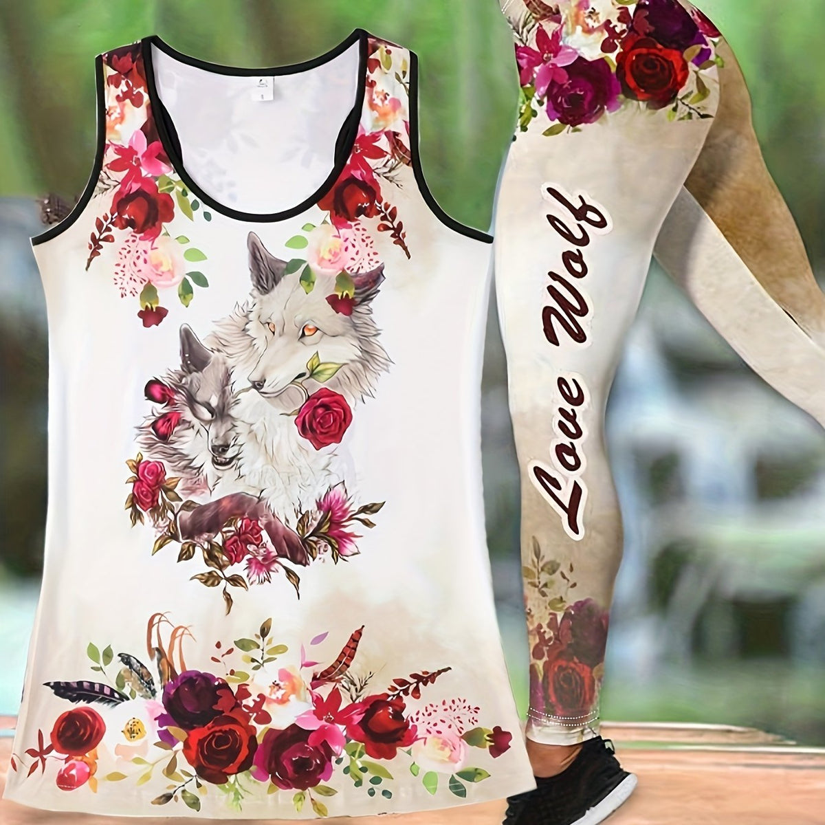 Wolf & Flower Print Two piece Set Casual Sleeveless Tank Top & Skinny Leggings
