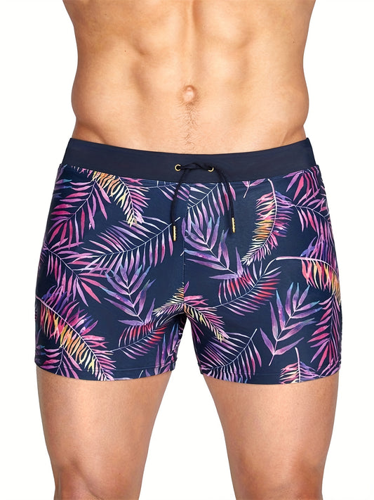 Leaves Print Quick drying Drawstring Men's Swim Trunks