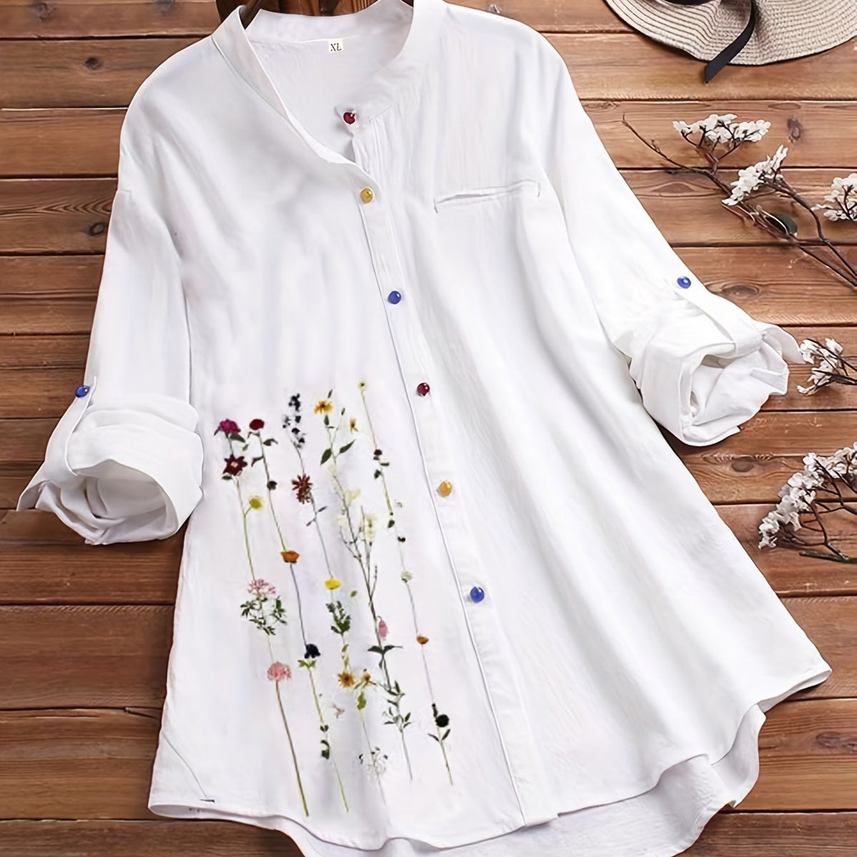  Floral Print Button Up Stand Collar Blouse