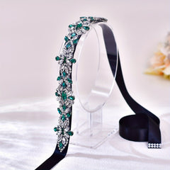 Vintage Green Dress Belt with Rhinestone Waist Sparkle