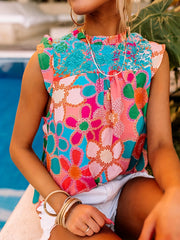 Floral Print Cap Sleeve Top Summer Crew Neck Women's Clothing