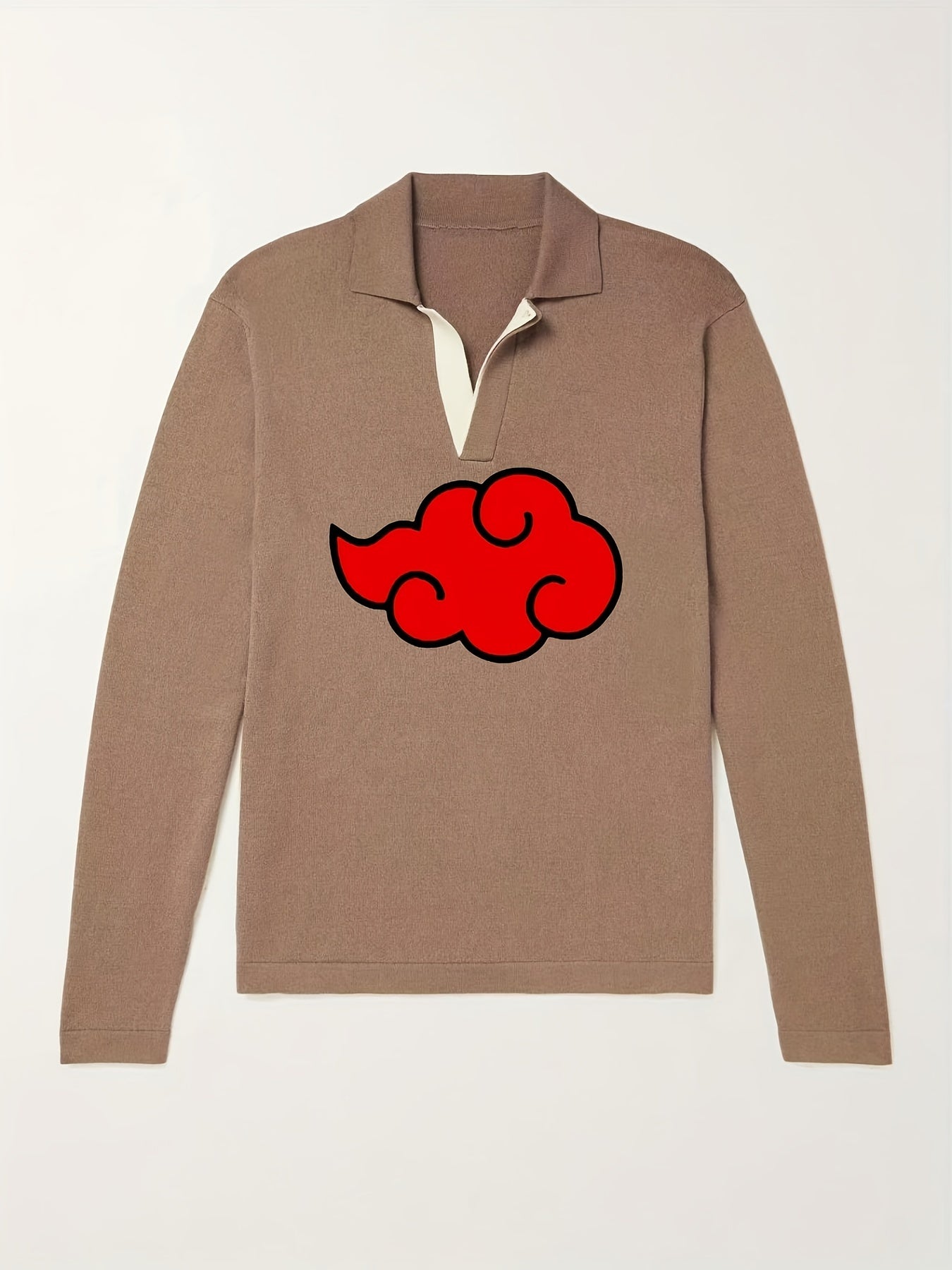 Anime Cloud Pattern Polo Sweater Men's Warm V Neck Pullover For Fall Winter