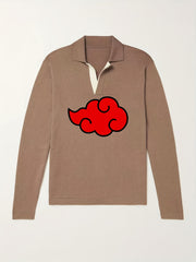 Anime Cloud Pattern Polo Sweater Men's Warm V Neck Pullover For Fall Winter