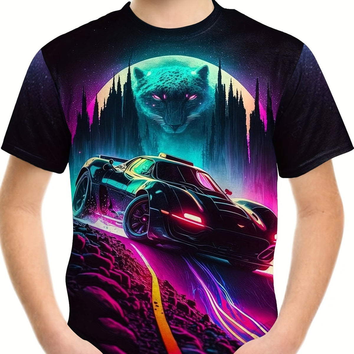 Car And Leopard 3D Print Boy's Round Neck Casual Short Sleeve T shirt