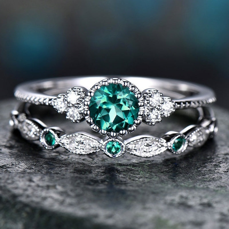 Round Cut Zircon Couple Rings 2 Pcs Set