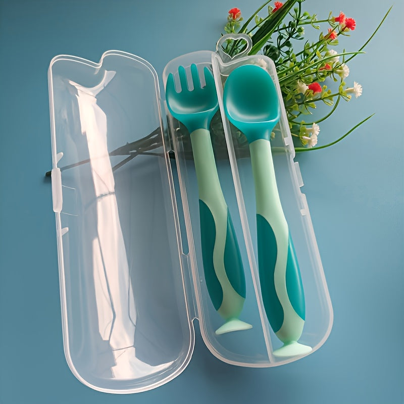 2pcs Baby Spoon Fork Set with Portable Box Heat Sensitive Cutlery