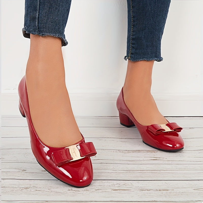 Women's Bowknot Low Heels Chunky Dress Pumps