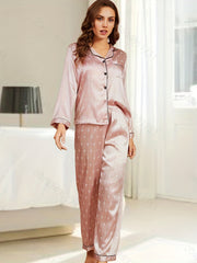 Satin Pajama Set Long Sleeve Top & Elastic Waist Pants Women's Sleepwear