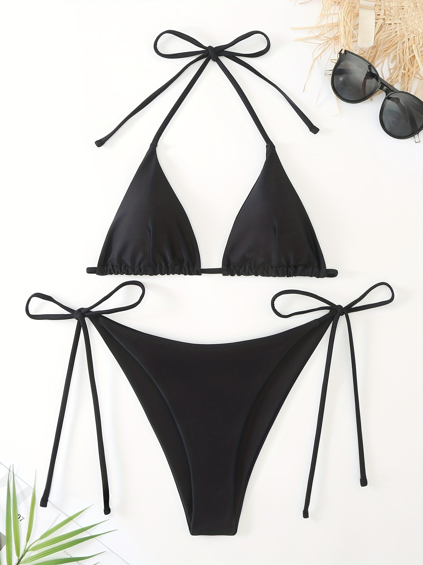 Women's Solid Halter Neck Side Knot Bikini Set Triangle Bottoms