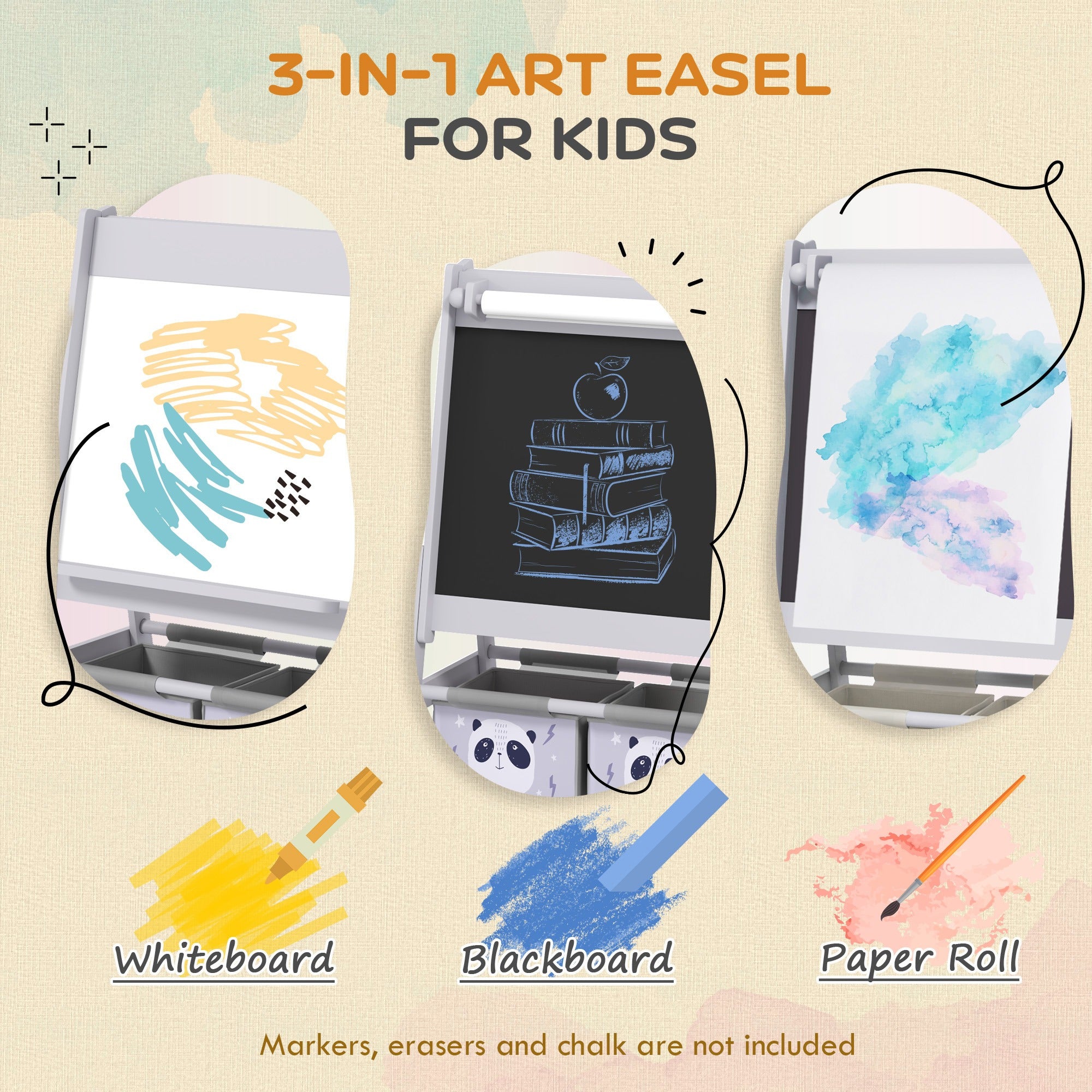 Kids Easel with Paper Roll 3 in 1 Art Easel with Blackboard Whiteboard