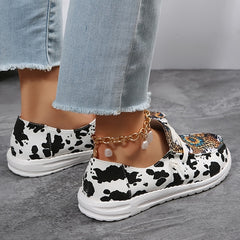 Women's Cow & Sunflower Print Canvas Loafers Lightweight Sneakers