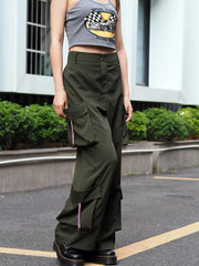  Y2K Cargo Pants Women's Solid Drawstring Loose Fit Flap Pockets
