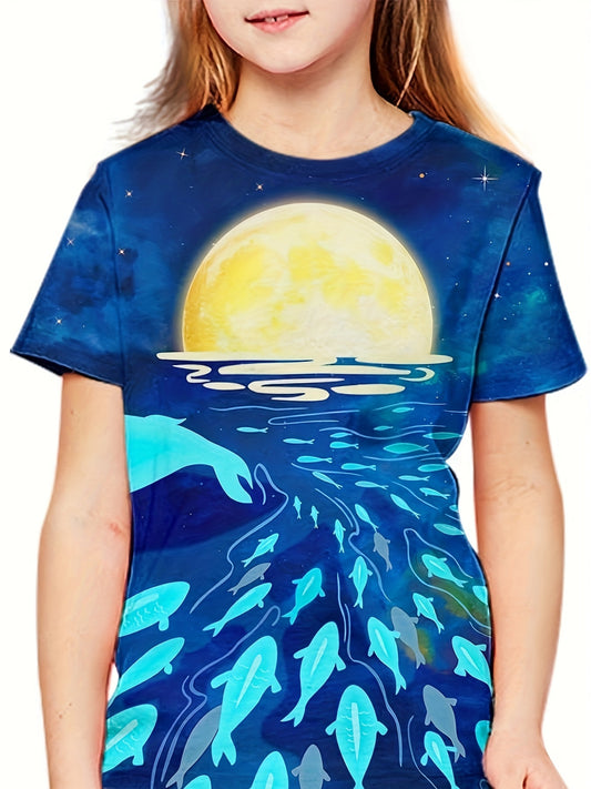 3D Whale Under The Sea Graphic Crew Neck Short Sleeve T shirt Girls Casual