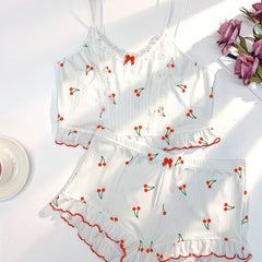 Cherry Print Pajama Set Lace Trim Cami Top & Ruffle Shorts