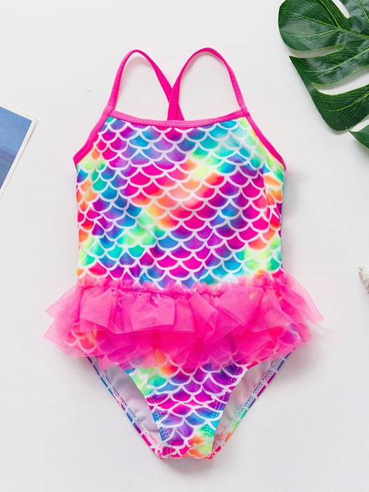 Girls Mermaid Fish Scale Print Swimsuit Sleeveless Camisole Mesh Decor