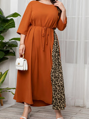  Colorblock Leopard Print Kaftan Maxi Dress with Belt