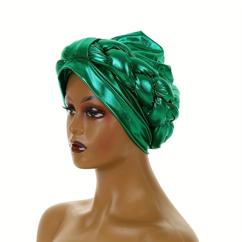Green Hot Stamping Turban Cap Elastic Braided Pre-tied Head Wrap