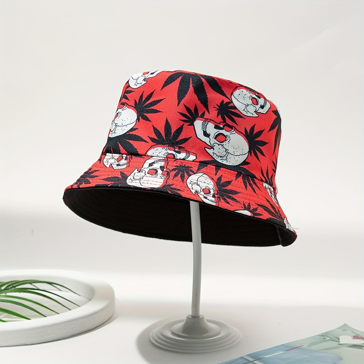 Skull Leaf Print Reversible Bucket Hat Lightweight Unisex Fisherman Cap