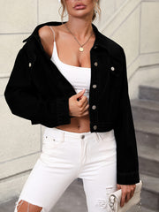 Long Sleeves Denim Jacket Single Breasted Button Lapel Cropped Coats