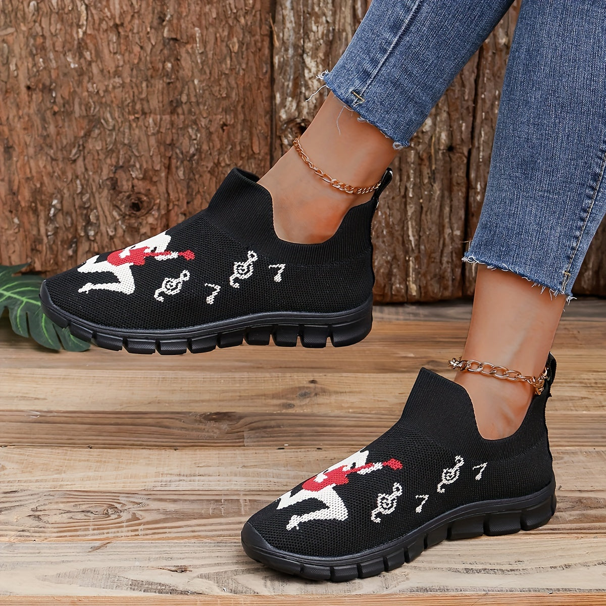 Women's Athletic Running Shoes Music Sign Printed Slip-on Sneakers