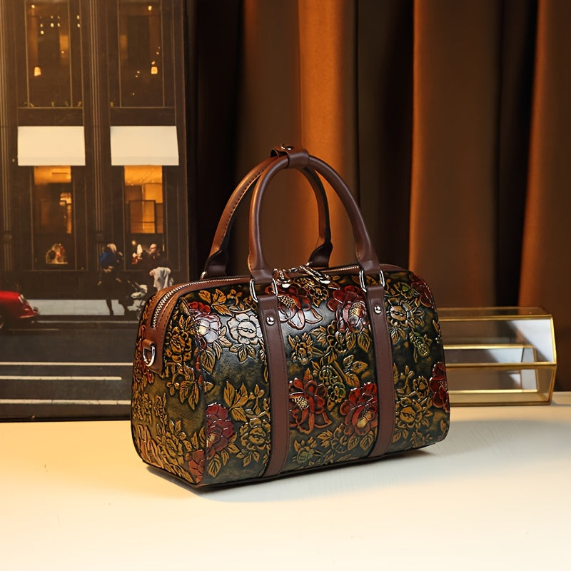 Vintage Floral Boston Bag Large Capacity Handbag Deep Brown