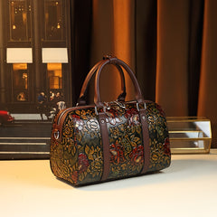 Vintage Floral Boston Bag Large Capacity Handbag Deep Brown