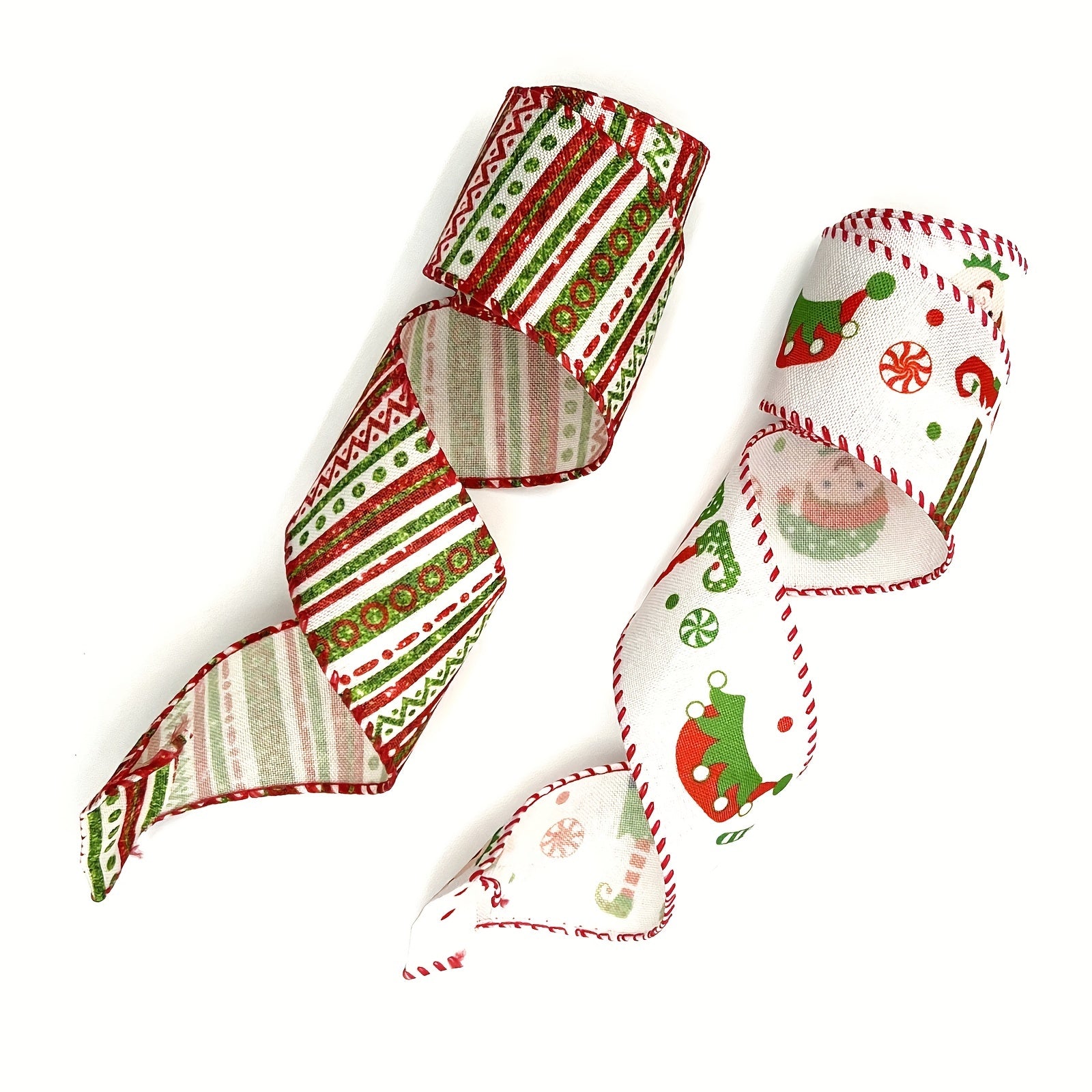 4.57m Christmas Wired Edge Ribbon Little Doll Hats & Legs Stripes Dots Diagonal
