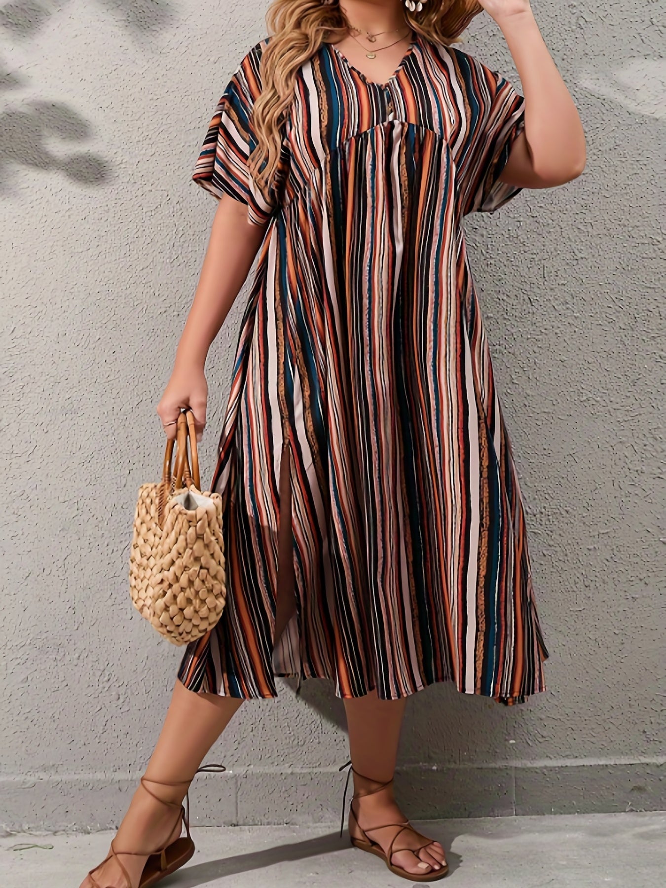  Women's Short Sleeve Striped Split Dress