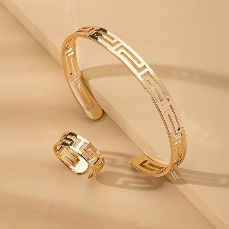 18K Plated Jewelry Set: Cuff Bangle Bracelet & Finger Ring Mother's Gift