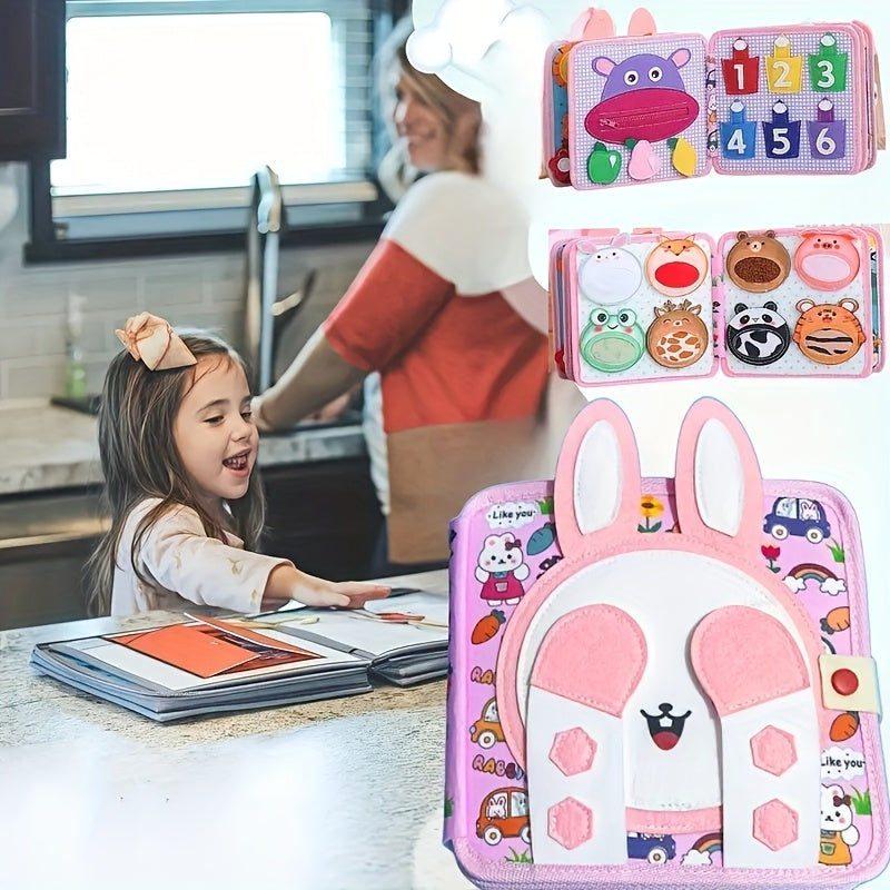 Colorful Bunny Sensory Busy Book with 3D Pop Up Pages Soft Touch Felt Fabric