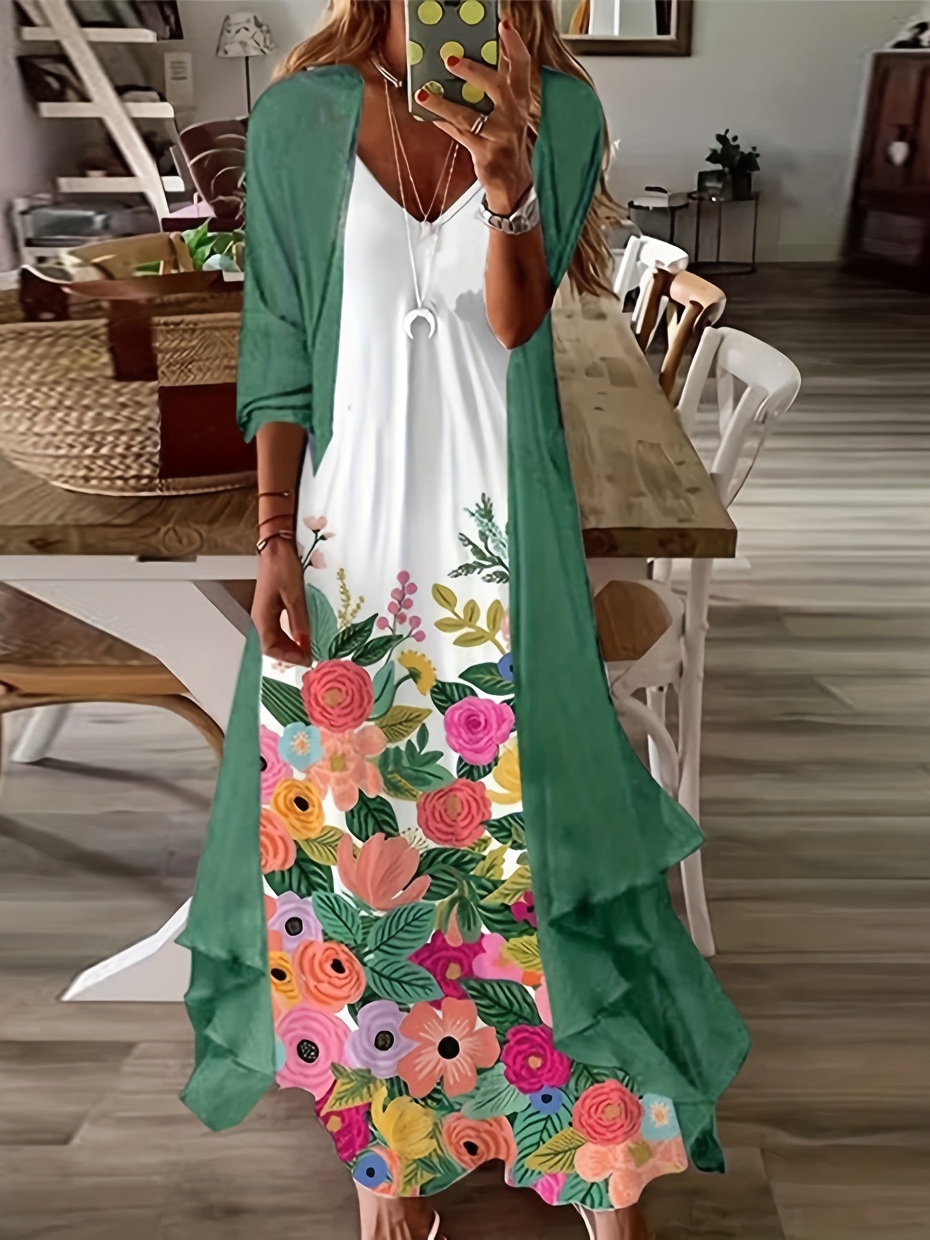 Plus Floral Print V Neck Cami Dress & Solid Cover Up Outfits 2 Piece Set