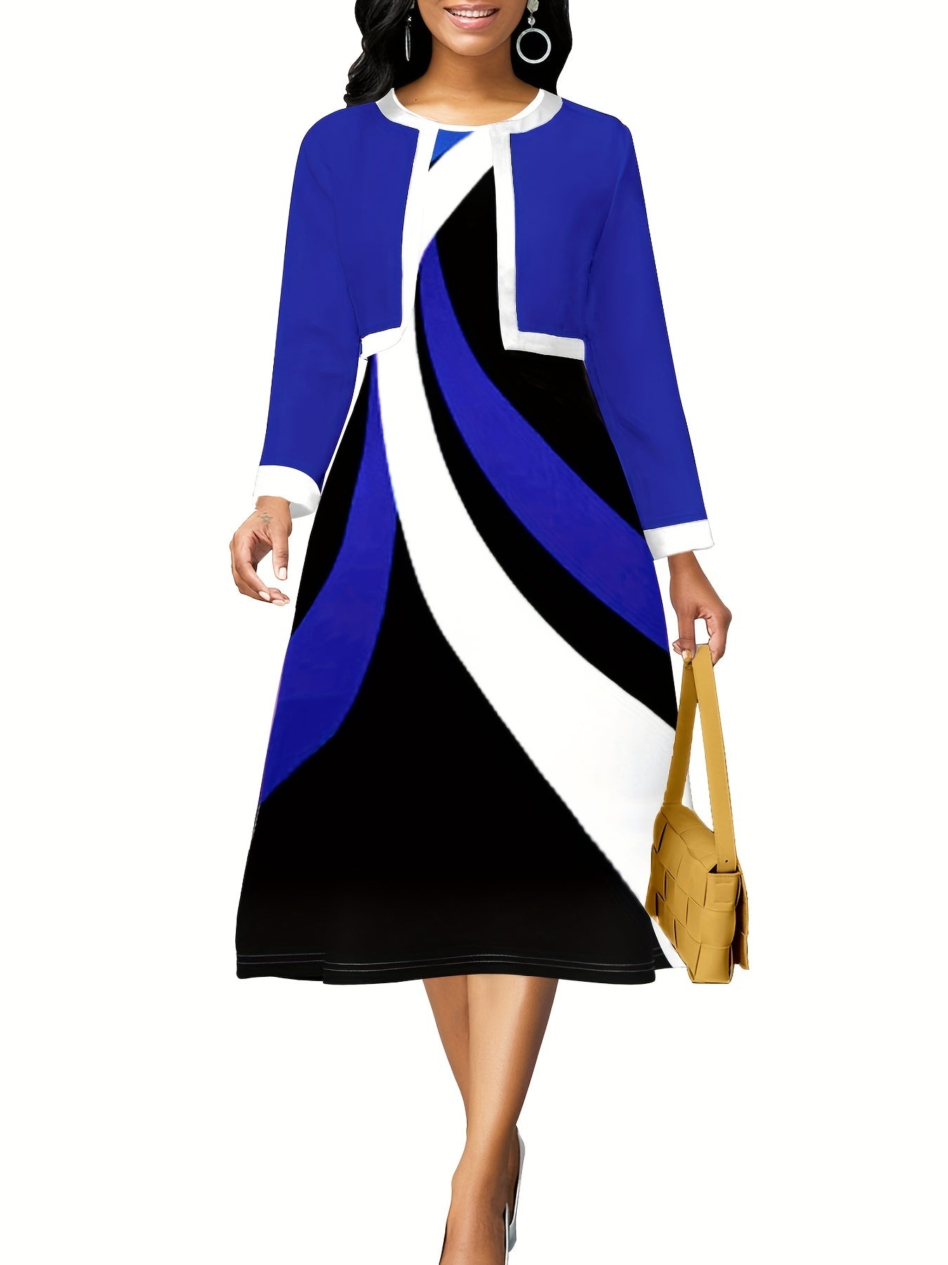 Contrast Trim Crop Jacket & Floral Print Dress Set Women's Outfits