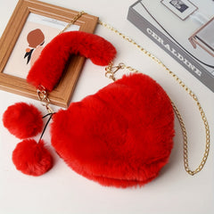 Heart Shaped Plush Handbag Chain Crossbody Bag Red