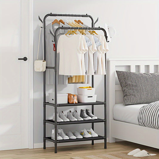 3-Layer Double Row Coat Rack with Shoe Rack & 4 Hooks