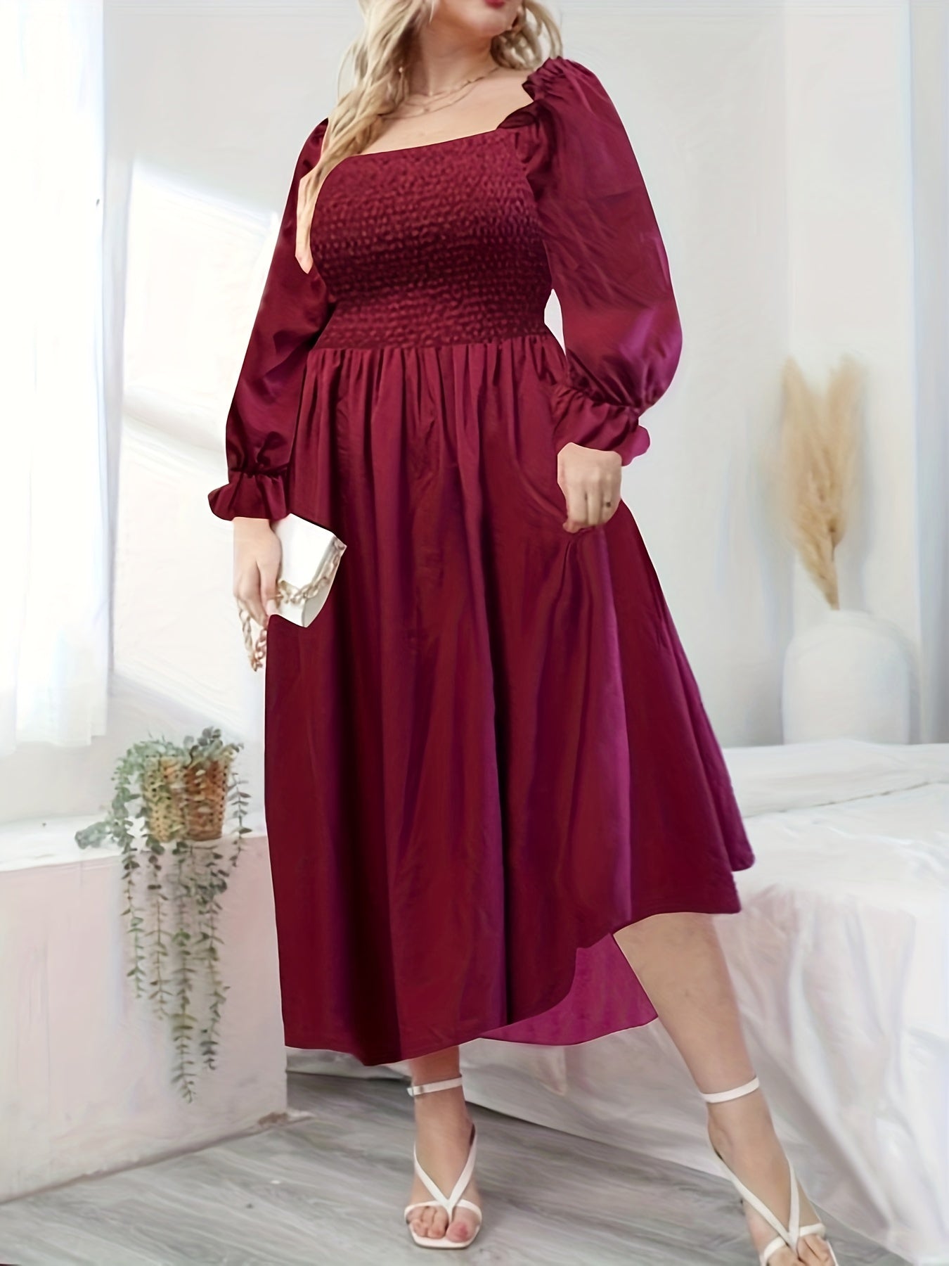  Solid Lantern Sleeve Maxi Dress