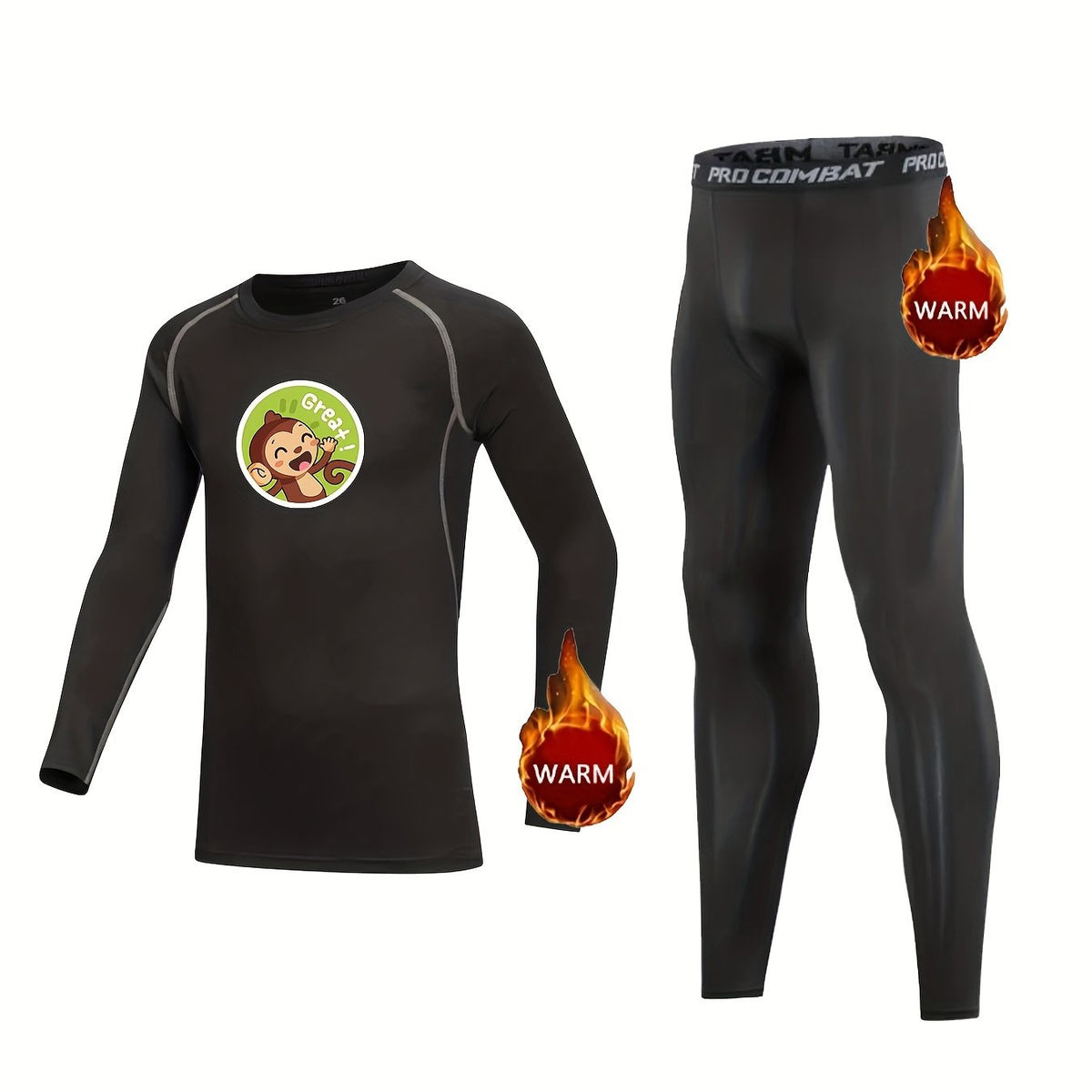 2pcs Kids Compression Fleece Sets Cartoon Monkey Pattern Long Sleeve Pullover