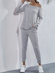  Solid One Shoulder Top & Jogger Pants Set